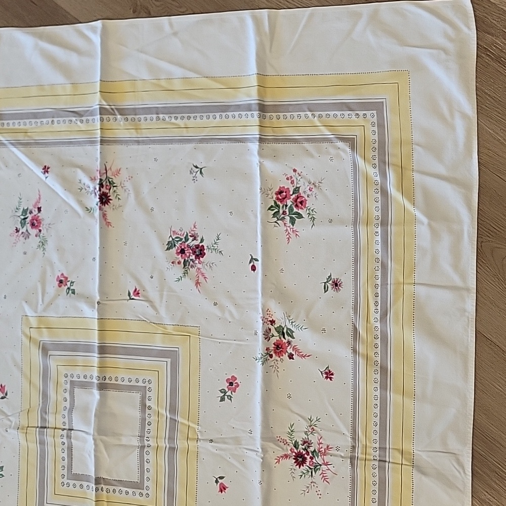 Vintage Floral Square Tablecloth with Yellow and Pink Rose Accents - Picture 3 of 12